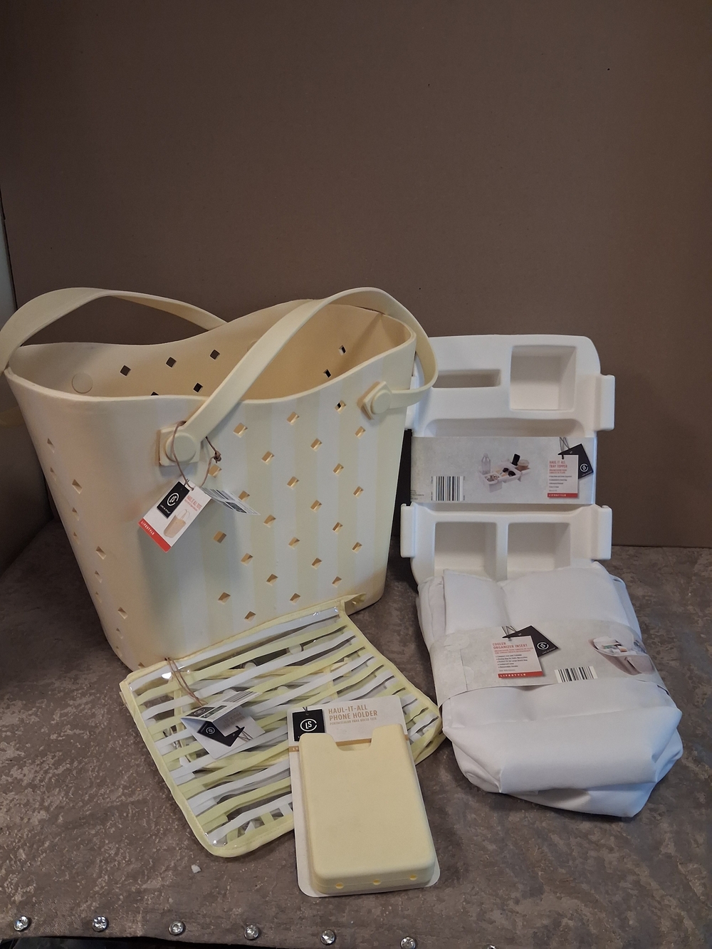 XL Striped "Sunshine Mix" EVA Rubber Tote- 5 Pc Bundle Set NWT